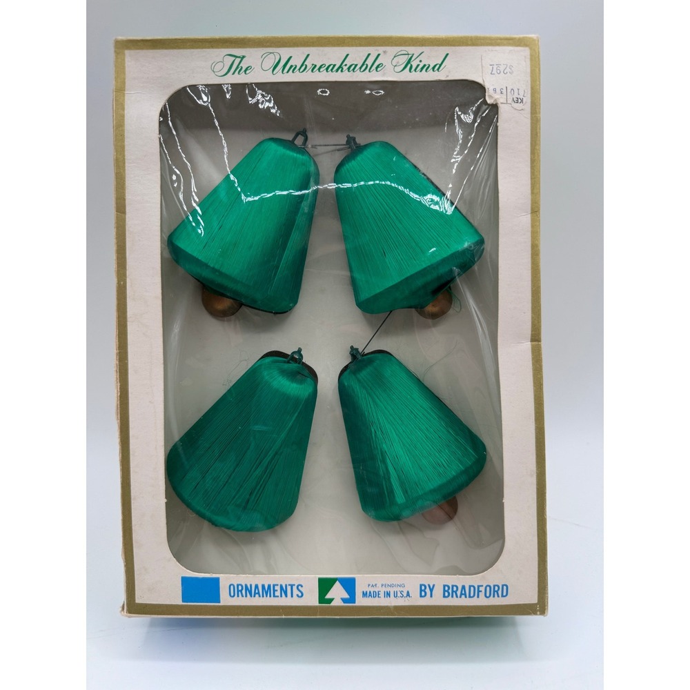 Vintage 60s Bradford Unbreakable Christmas‎ Bell Ornaments Set of 4 Green Boxed